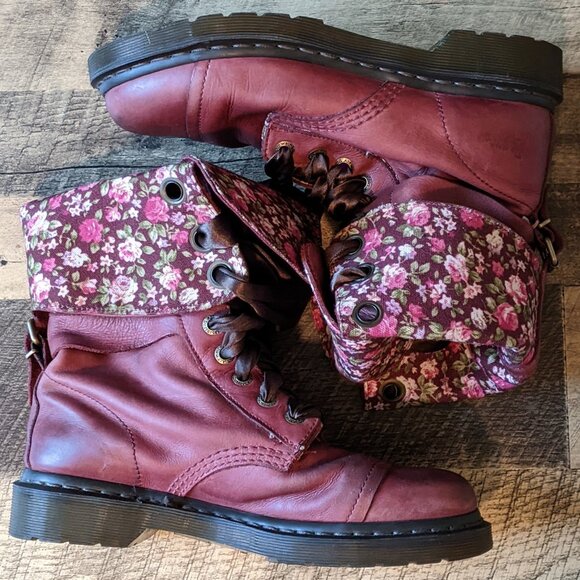 Dr. Martens Triumph 1914 Boots Red Leather Floral Lining Docs - Picture 1 of 9